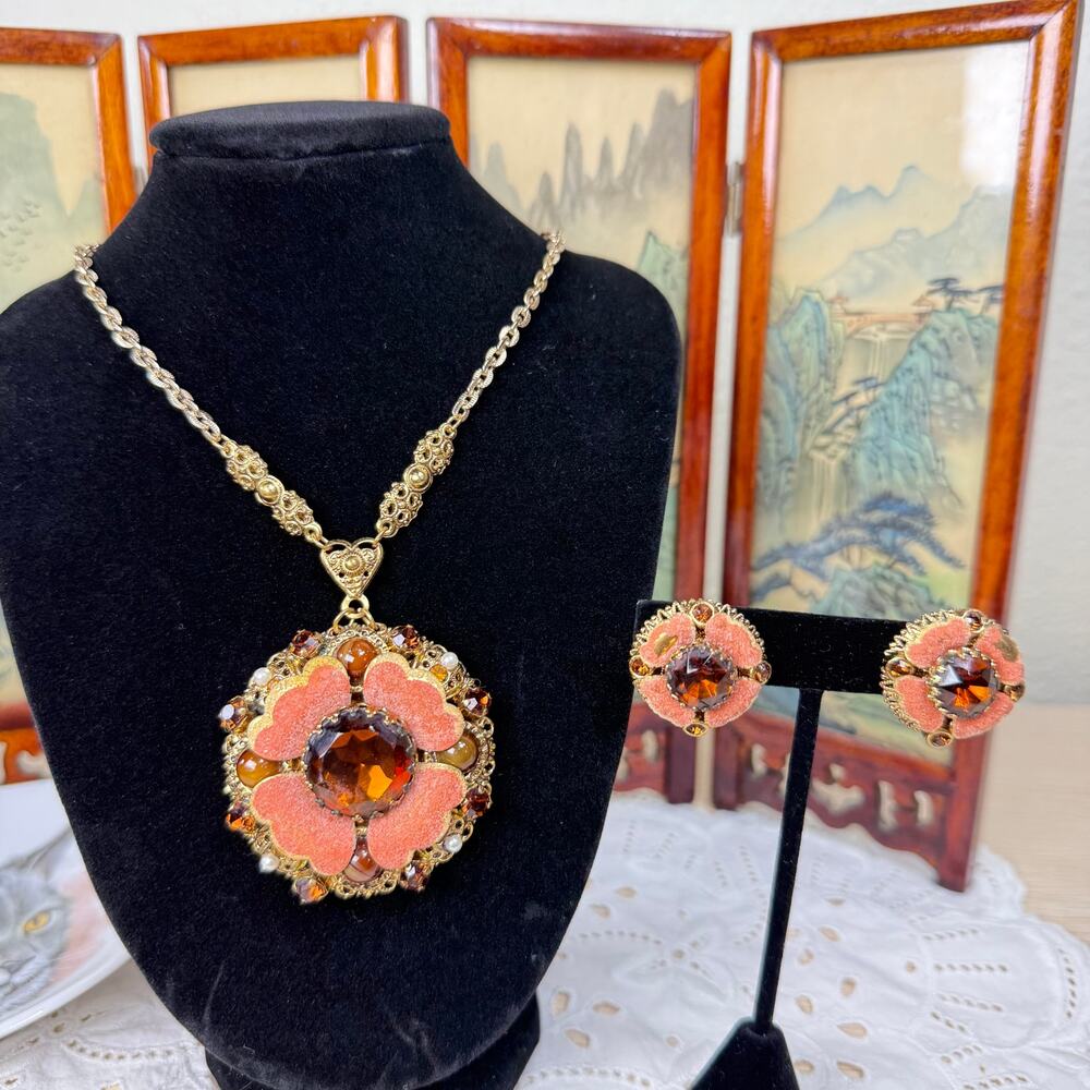 Vintage 40s 50s Floral Gold Tone Necklace Clip On Earrings W Germany Romantic